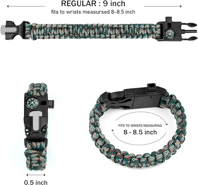 Bracelets paracorde d'urgence – Équipement de survie tactique, allume-feu en silex, sifflet et boussole
