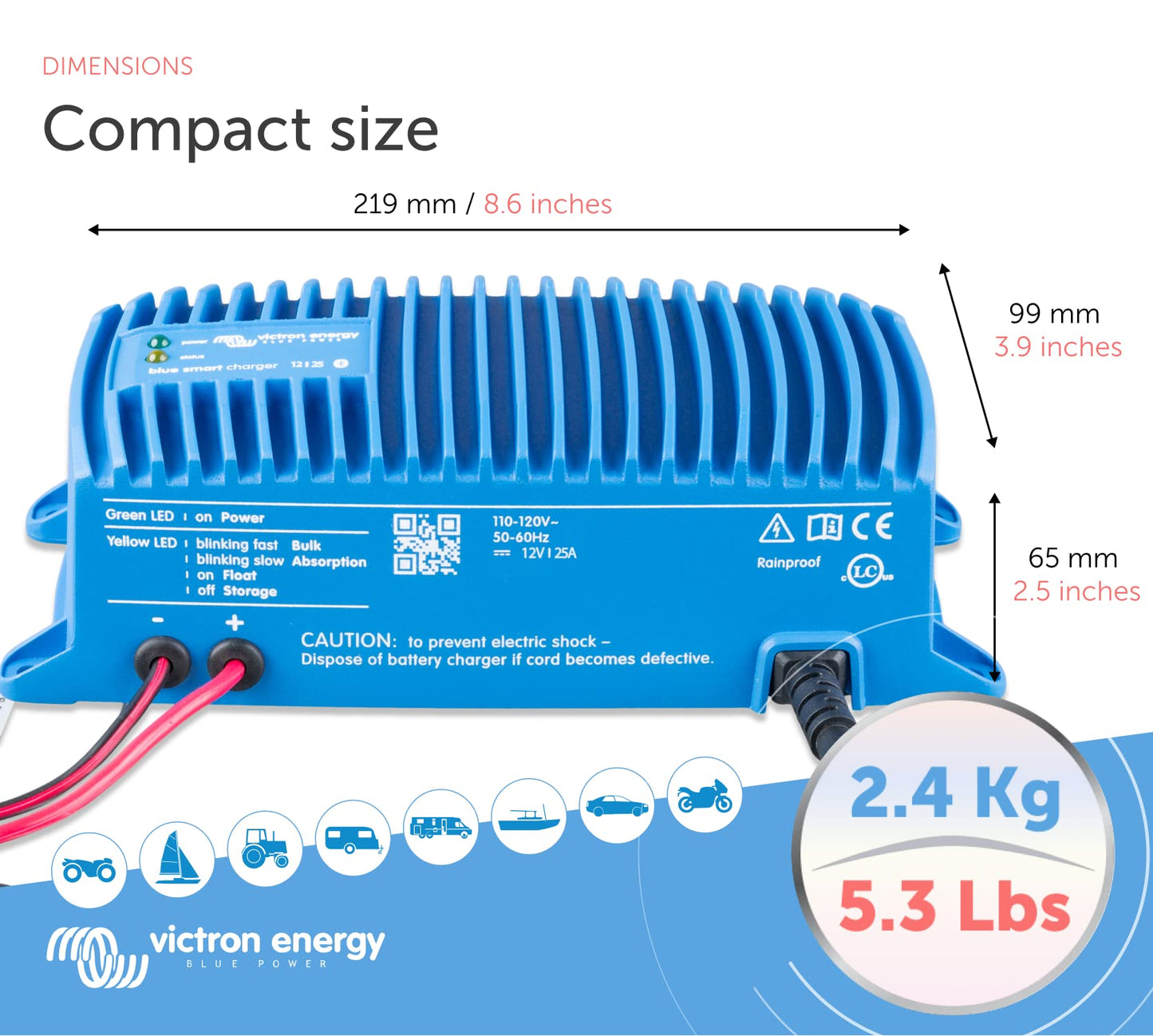 Victron Energy Blue Smart IP67 12-Volt 25 amp 120VAC Battery Charger with NEMA 5-15 Plug (Bluetooth)