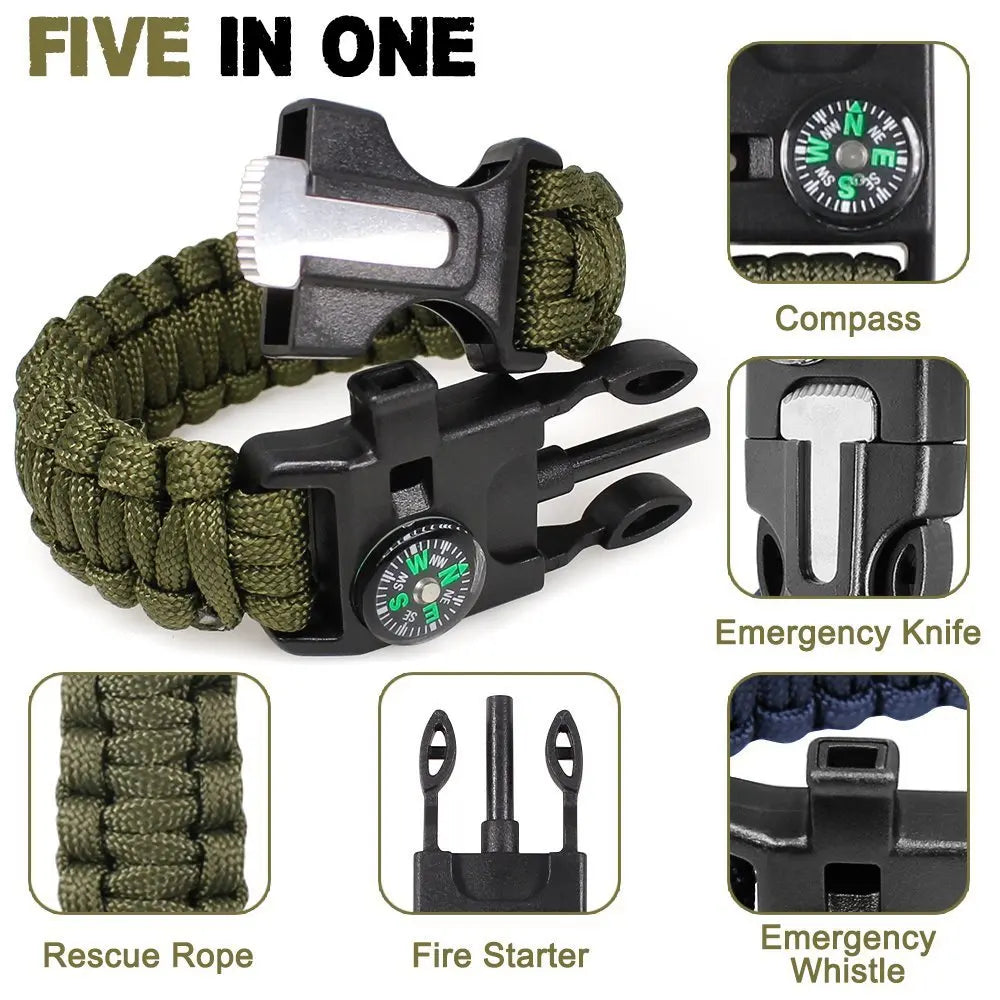 Bracelets paracorde d'urgence – Équipement de survie tactique, allume-feu en silex, sifflet et boussole