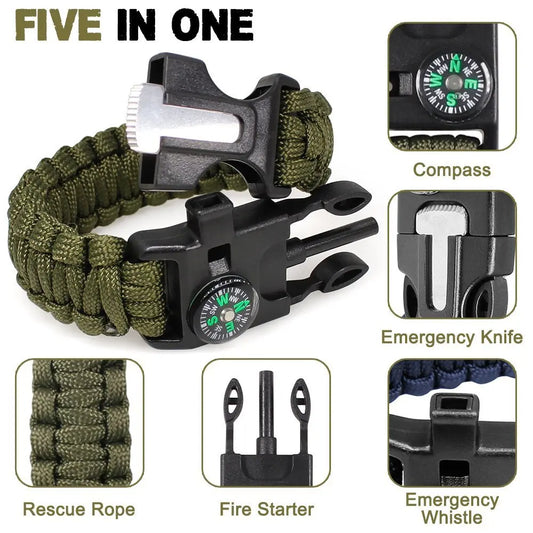 Bracelets paracorde d'urgence – Équipement de survie tactique, allume-feu en silex, sifflet et boussole