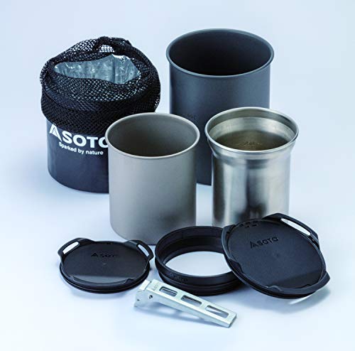 SOTO Thermostack Original Combo - Tasse Thermostack en acier inoxydable de 12 oz + tasse en titane de 14 oz + pot de 750 ml + couvercle de grande taille + confortable (isolation + étui de transport)