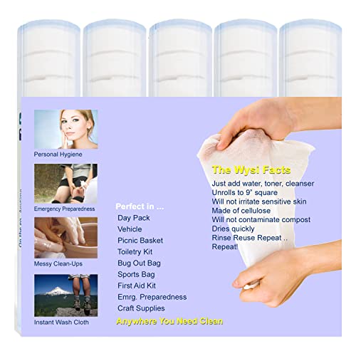 WYSI Multi-Pack To Go Tube de voyage, lingettes extensibles 22 x 22 cm, biodégradables, il suffit d'ajouter de l'eau – 5 tubes avec 12 comprimés compressés (60 comprimés au total)