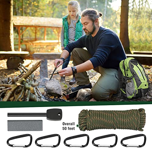 Mossy Oak Hache et couteau à lame fixe avec fourreau, hachette de camping monobloc et couteau de chasse avec manche en corde, comprend une lampe de poche tactique zoomable et de nombreux autres outils, ensemble d'outils de camping 15 pièces