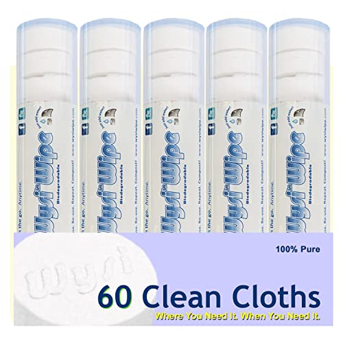 WYSI Multi-Pack To Go Tube de voyage, lingettes extensibles 22 x 22 cm, biodégradables, il suffit d'ajouter de l'eau – 5 tubes avec 12 comprimés compressés (60 comprimés au total)