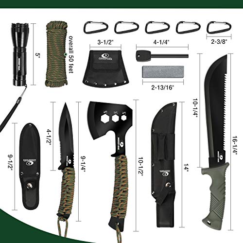 Mossy Oak Hache et couteau à lame fixe avec fourreau, hachette de camping monobloc et couteau de chasse avec manche en corde, comprend une lampe de poche tactique zoomable et de nombreux autres outils, ensemble d'outils de camping 15 pièces