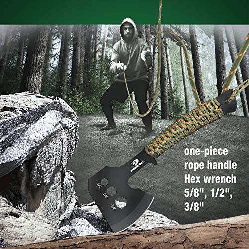 Mossy Oak Hache et couteau à lame fixe avec fourreau, hachette de camping monobloc et couteau de chasse avec manche en corde, comprend une lampe de poche tactique zoomable et de nombreux autres outils, ensemble d'outils de camping 15 pièces