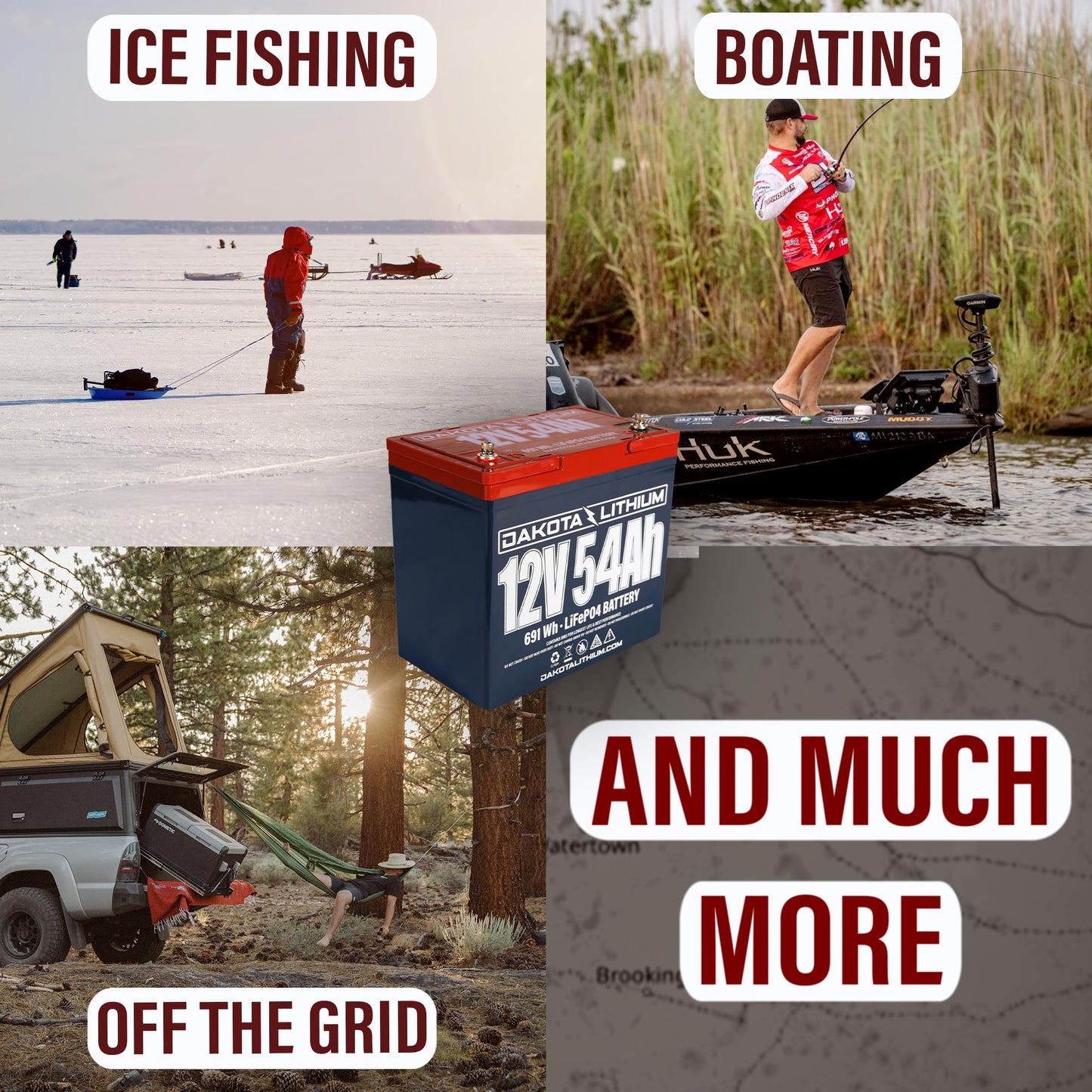 Dakota Lithium – 12V 54Ah LiFePO4 Deep Cycle Battery – 11 Year USA Warranty 2000+ Cycles – For Trolling Motors, Fish Finders, Ice Fishing, Marine, and More – Charger Included