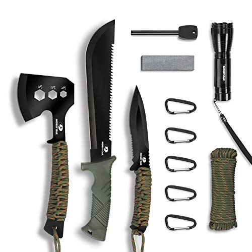 Mossy Oak Axe and Fixed Blade Knife with Sheath, One-Piece Camping Hatchet and Hunting Knife with Rope Handle, Includes Zoomable Tactical Flashlight and Many Other Tools, 15 Pieces Camping Tool Set