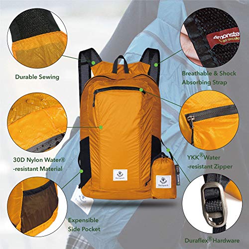 Sac à dos pliable résistant à l'eau, sac à dos de randonnée pliable, sac à dos de voyage ultraléger, adapté aux sports de plein air, camping, randonnée, shopping Orange-16L