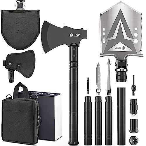 Sahara Sailor Survival Shovel with Axe, High Carbon Steel Tactical Shovel Camping Shovel Hatchet Combo - 4 Thicken Extension Handles, 20-39.5 Inch Survival Gear and Equipment for Hiking Camping