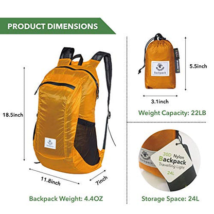 Water Resistant Foldable Backpack, Packable Hiking Daypack, Ultralight Travel Backpack, Suitable for Outdoor Sports, Camping, Backpacking, Shopping Orange-16L